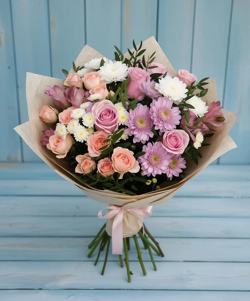 Букет цветов из: Хризантемы, Розы и Альстромерии в Ябедино