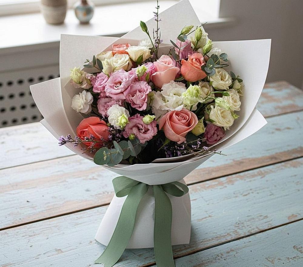 Букет цветов из: Розы, Лизиантусы и Гвоздики в Ябедино