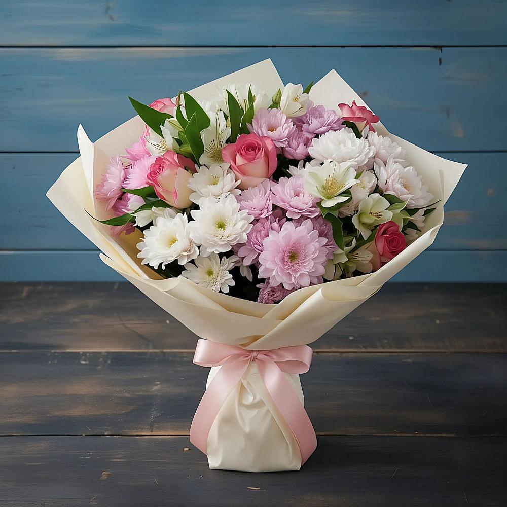 Букет цветов из: Хризантемы, Альстромерии и Розы в Ябедино